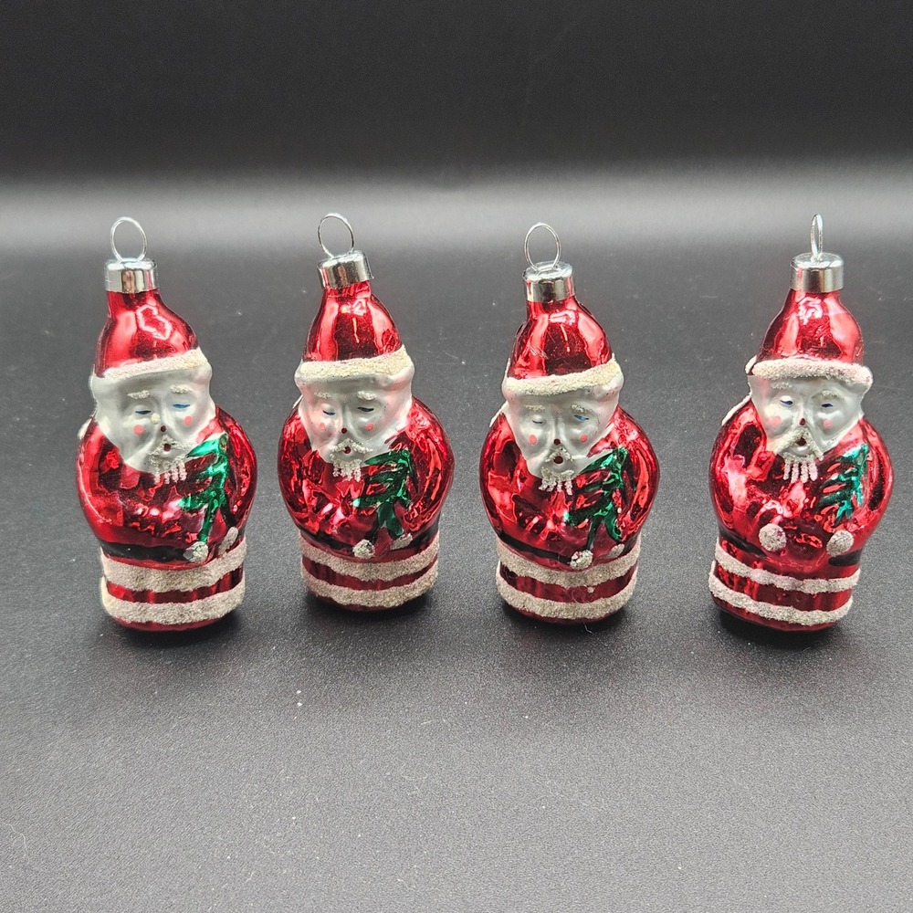Vintage Style Mercury Glass Santa Claus Christmas Ornaments Red Glitter Set of 4